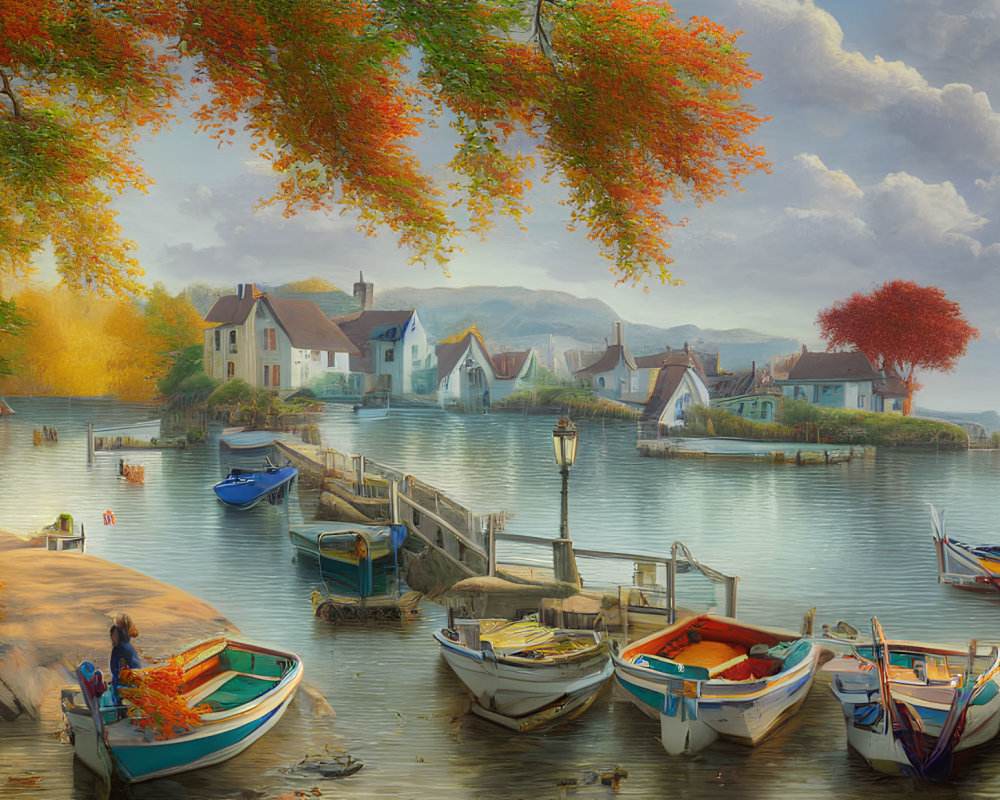 Tranquil lakeside village with autumn trees and glowing light