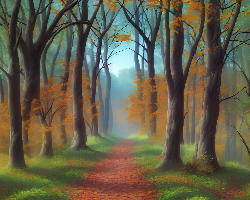 Tranquil forest path with tall trees and golden leaves in soft, misty light