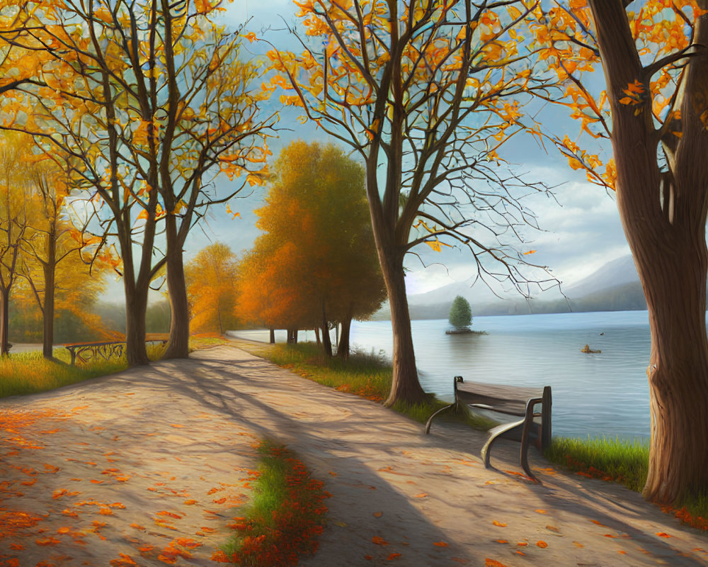 Tranquil autumn park with golden trees, lake, bench, fallen leaves, mountains