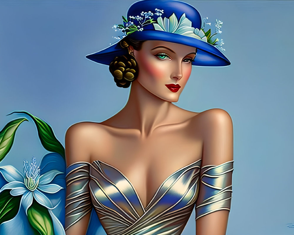 Illustration of woman in blue hat with flower, stylish brown hair, captivating gaze, elegant silver dress