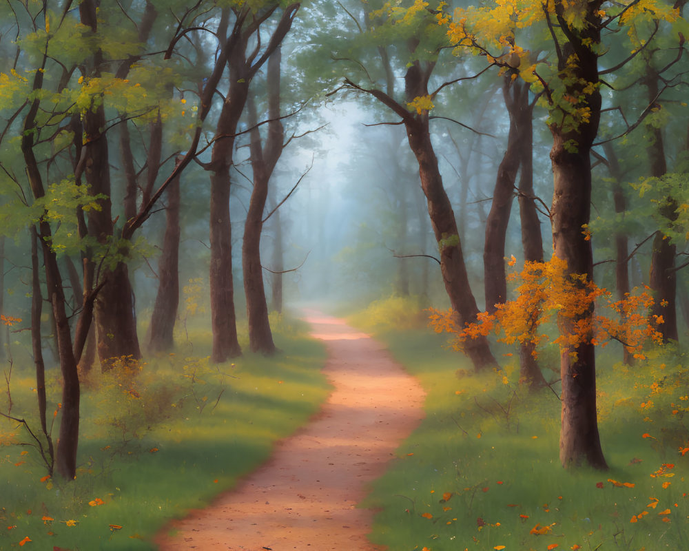 Tranquil Autumn Forest Path with Misty Atmosphere