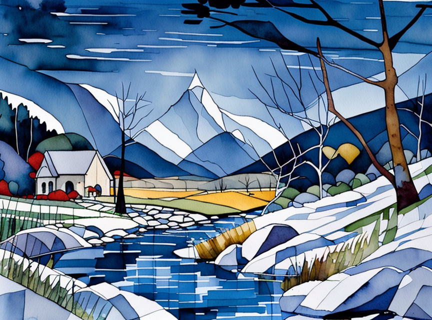 Stylized winter landscape painting with snowy fields, stream, red-roofed house & mountains