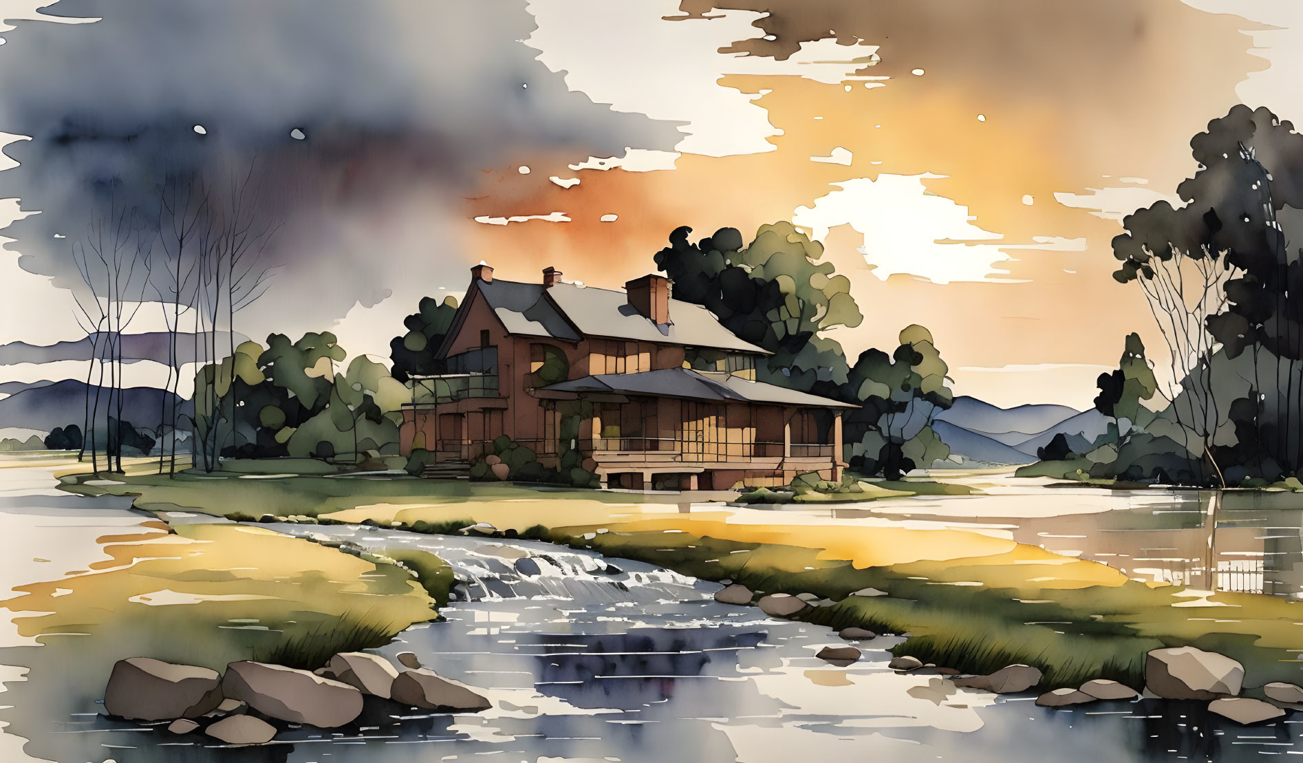 Scenic Watercolor Illustration: River, Rocks, Cabin, Trees, Golden Sky