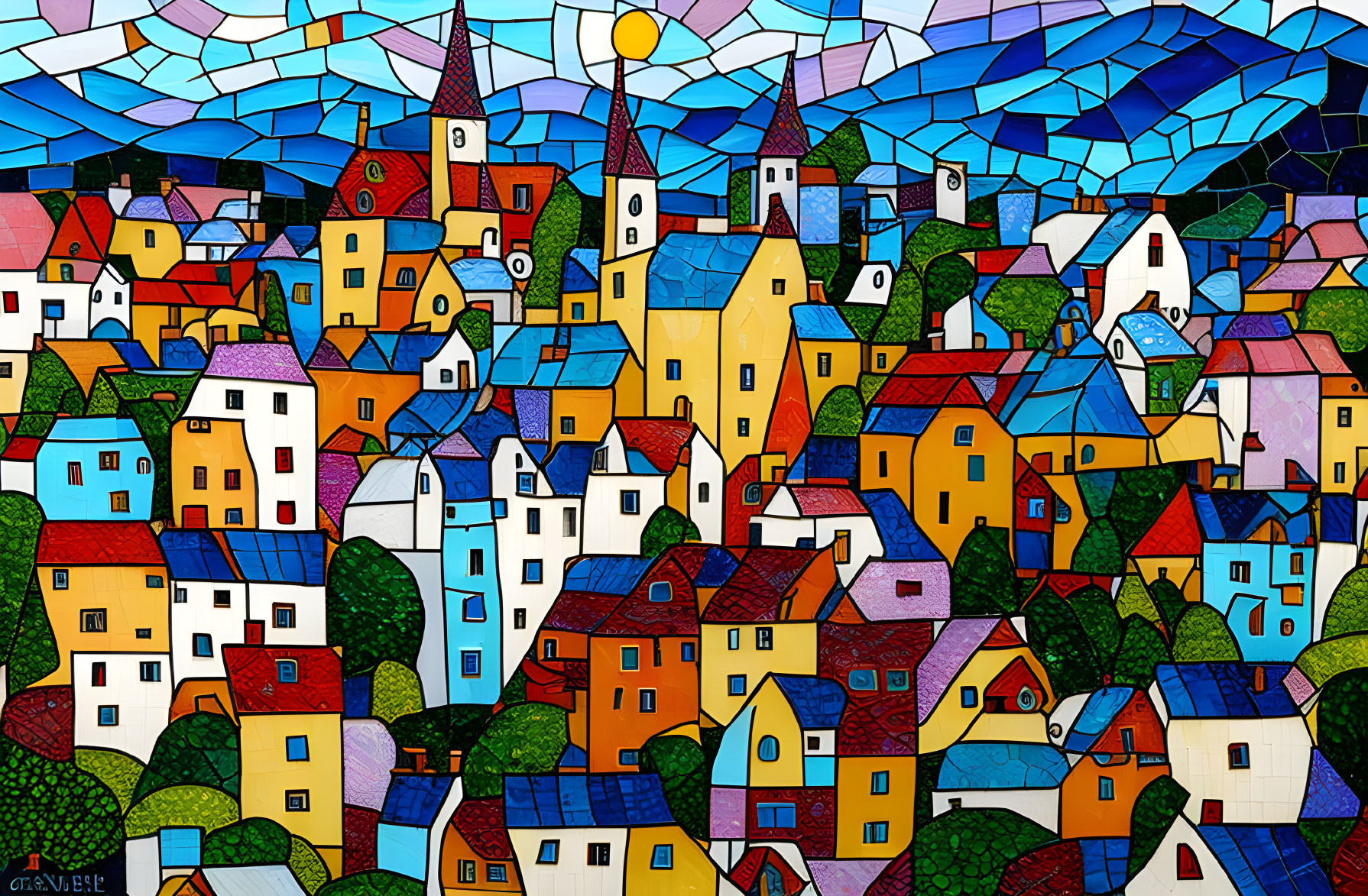 Vibrant Artwork of Colorful Village with Unique Houses