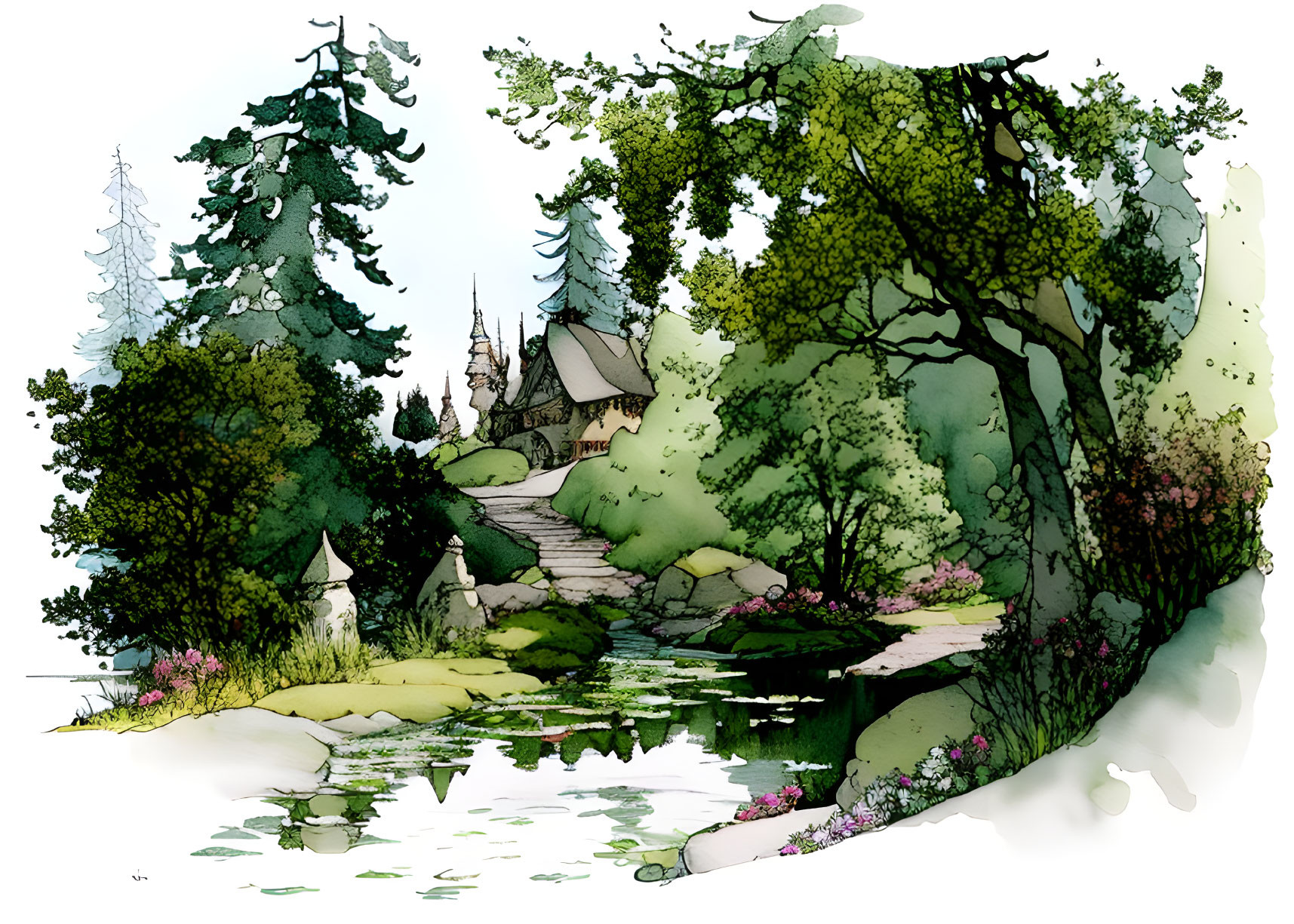 Fantasy landscape with castle, trees, stone pathway, and lush greenery