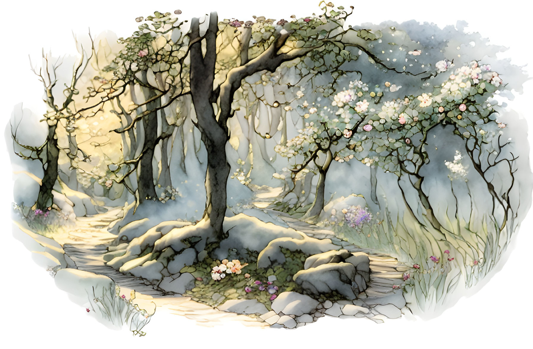 Ethereal watercolor of snowy forest with spring hints