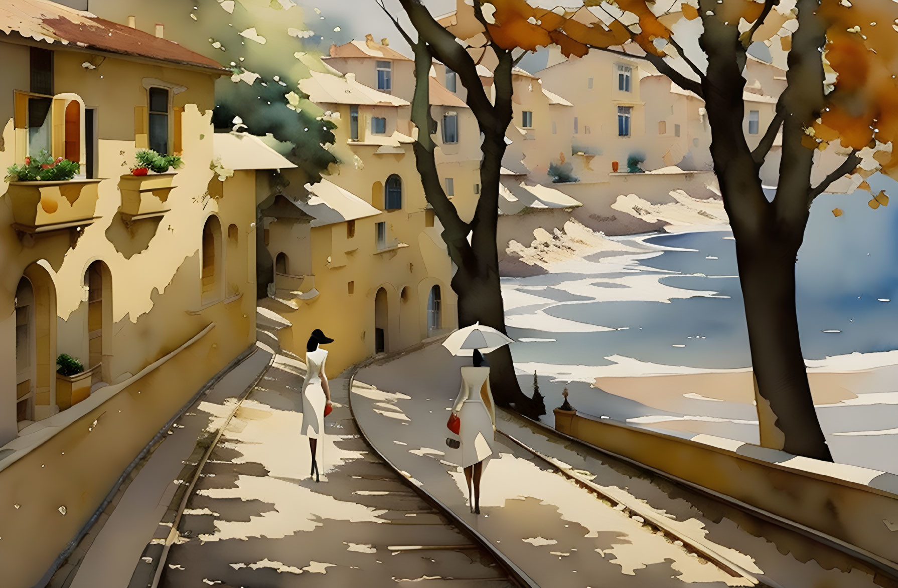 Sunlit street scene: Two people with umbrellas walking by river and old buildings.