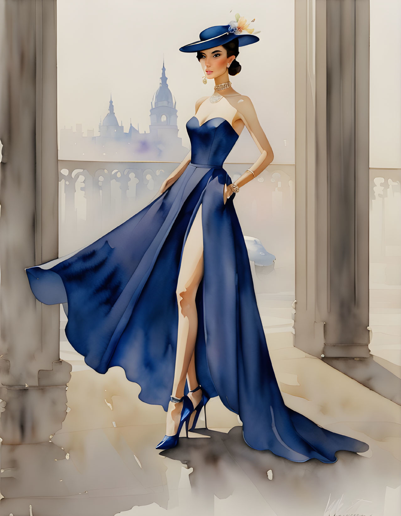 Illustration of elegant woman in blue gown with slit, hat, heels in grand colonnade.