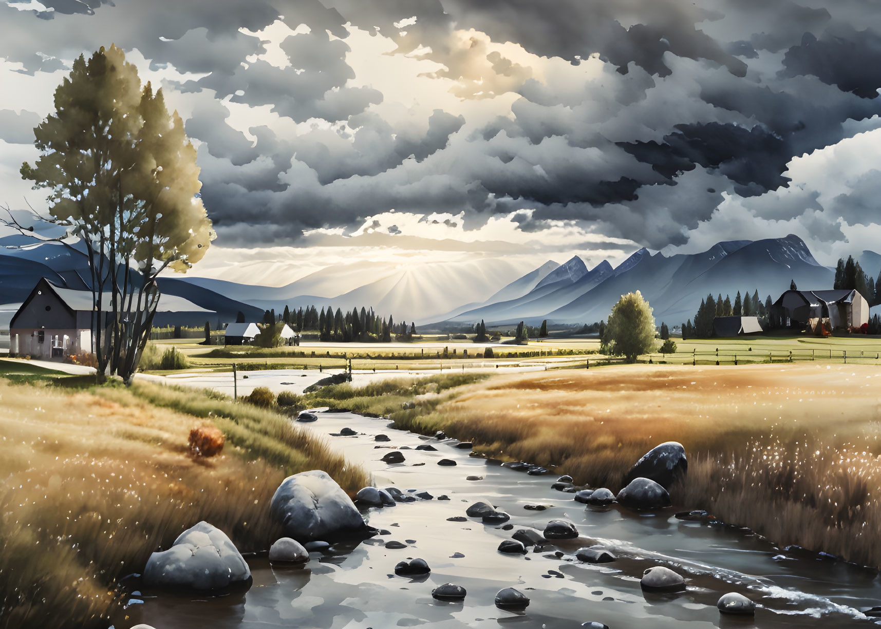 Scenic rural landscape with river, houses, sunbeams, mountains, and dramatic sky