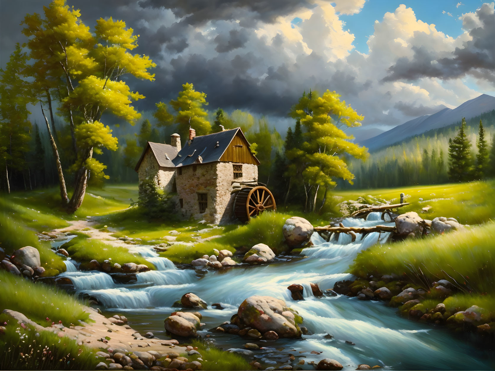 Tranquil stone cottage with waterwheel by brook amid forest and mountains