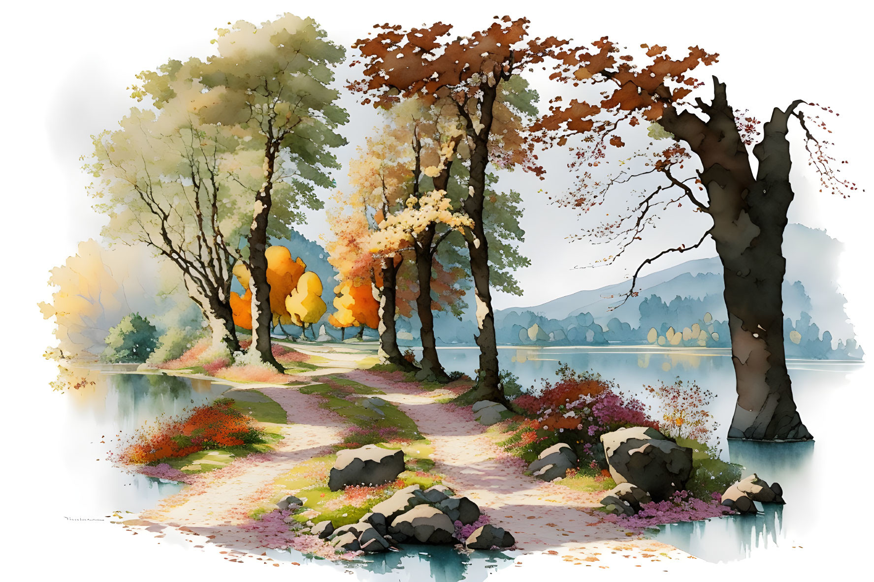 Scenic autumnal path by a calm lake with colorful trees in watercolor