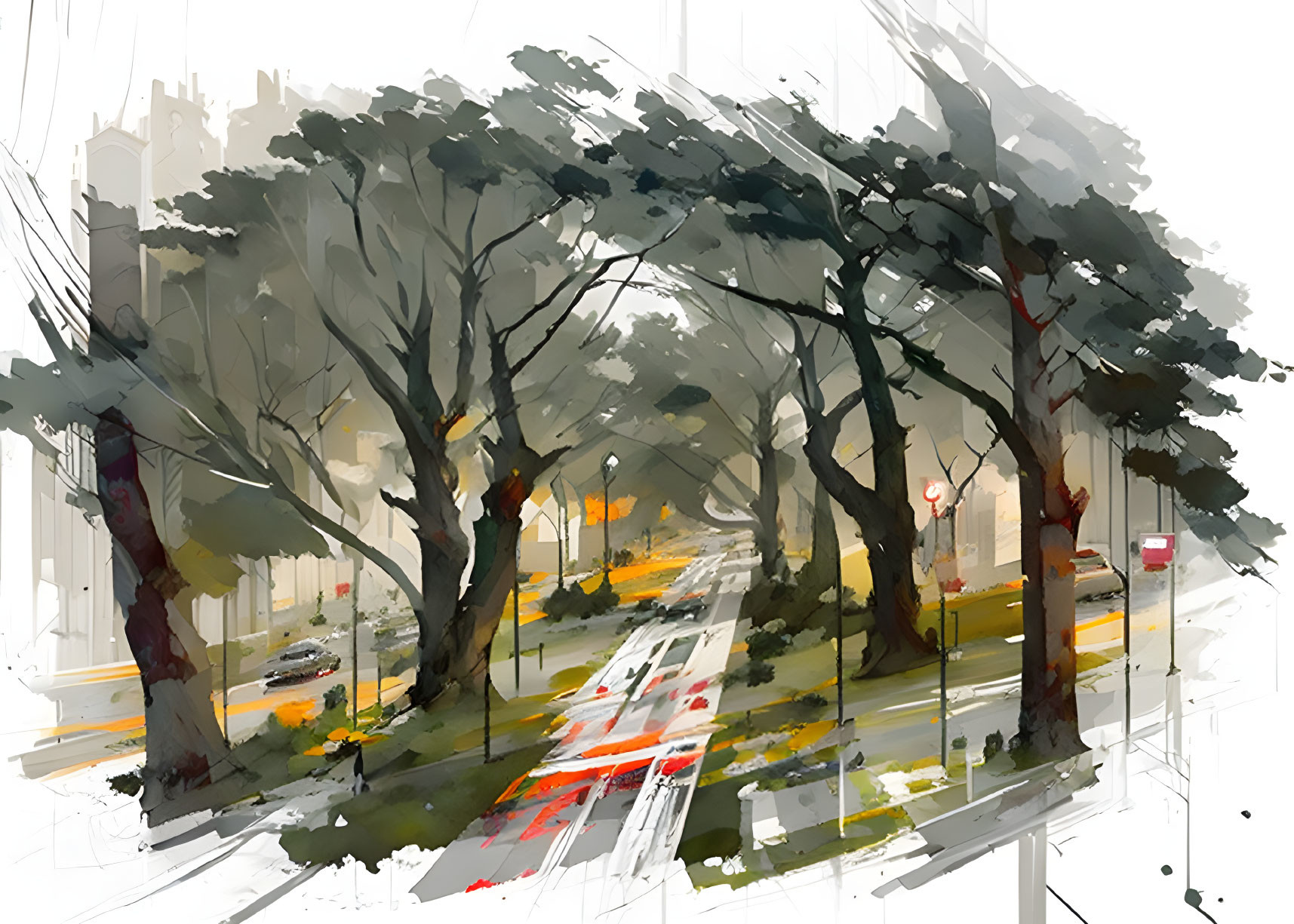 Abstract city street painting with brushstroke details and tree-lined road.