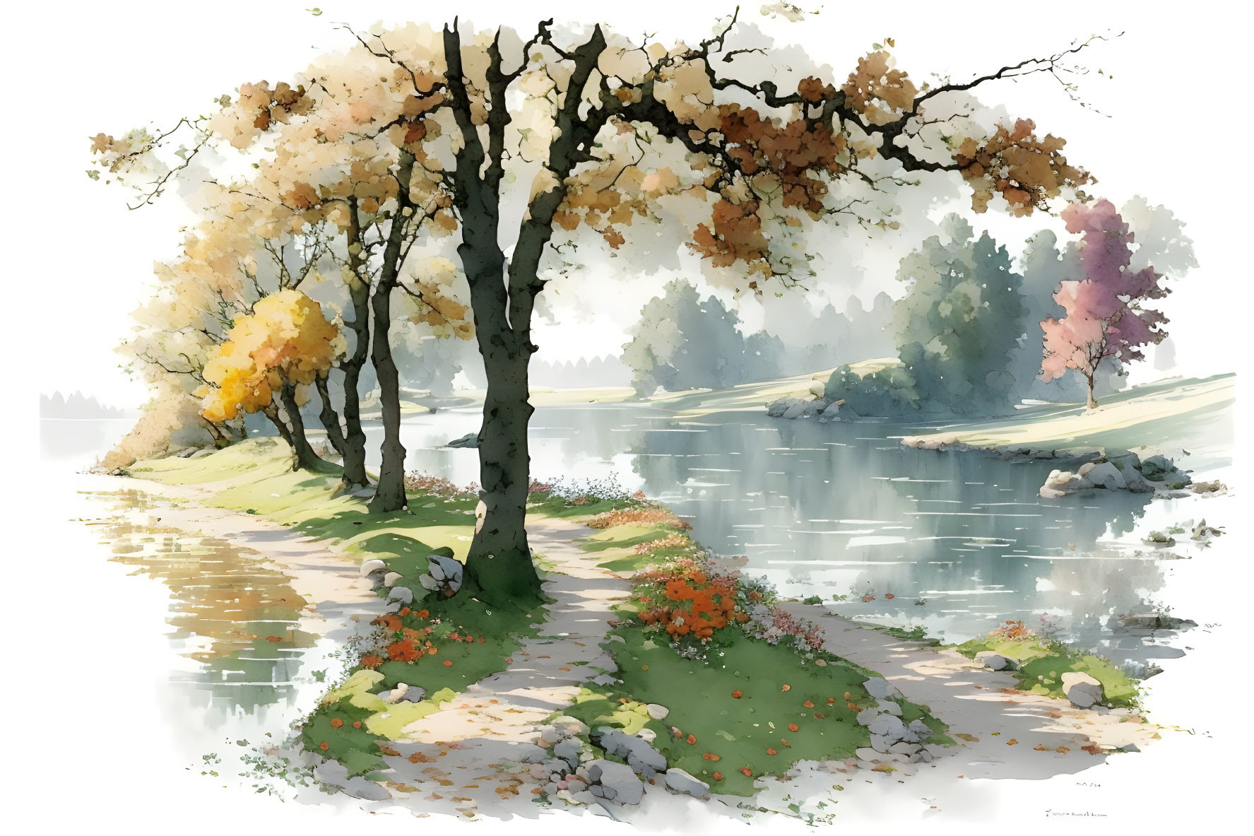 Tranquil autumn river with colorful trees and fallen leaves