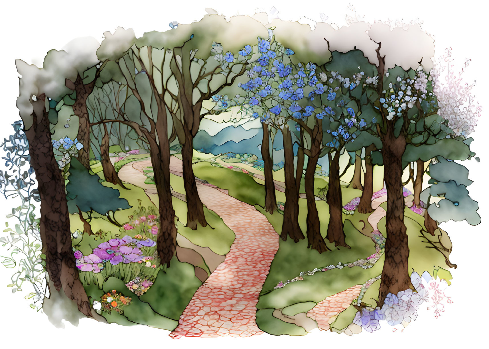 Vibrant forest scene with winding path, lush trees, flowers, mountains