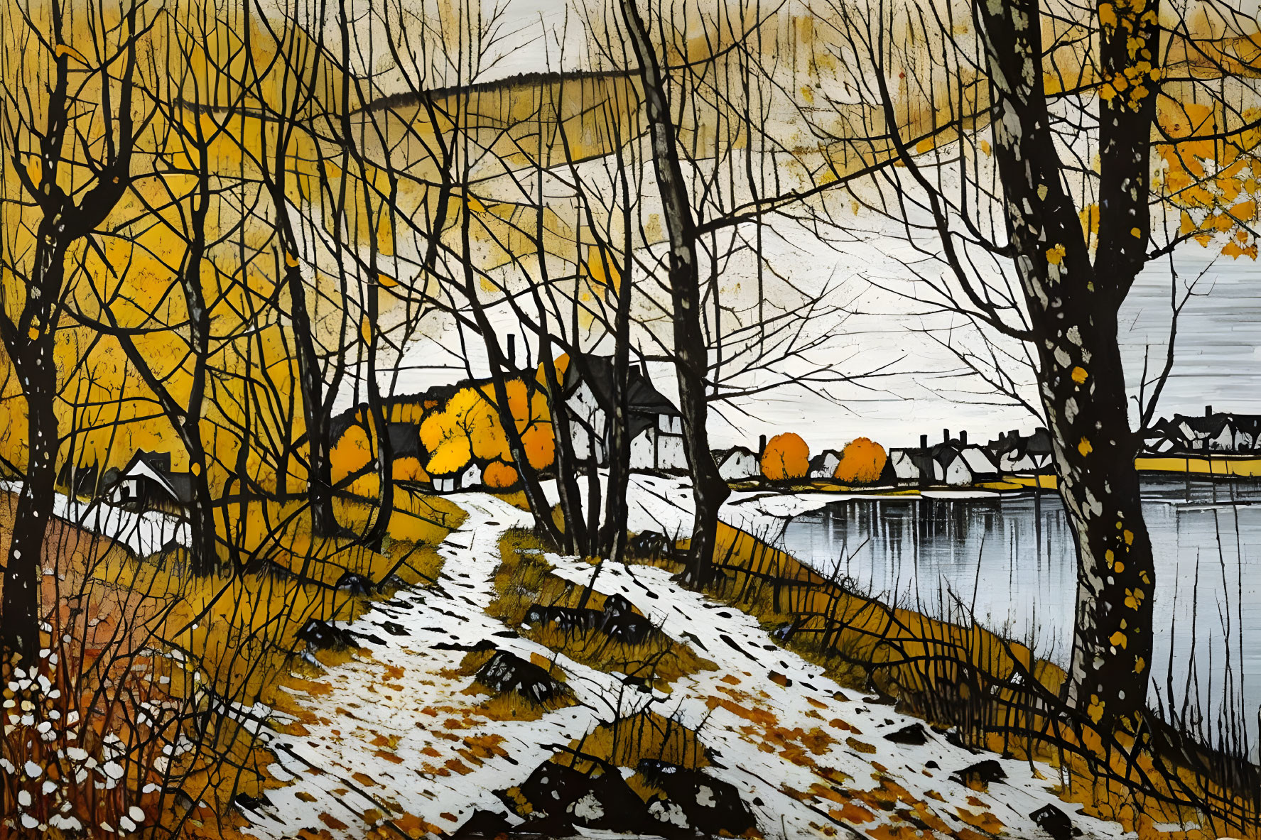 Stylized painting of path through bare trees with golden leaves near water and houses.