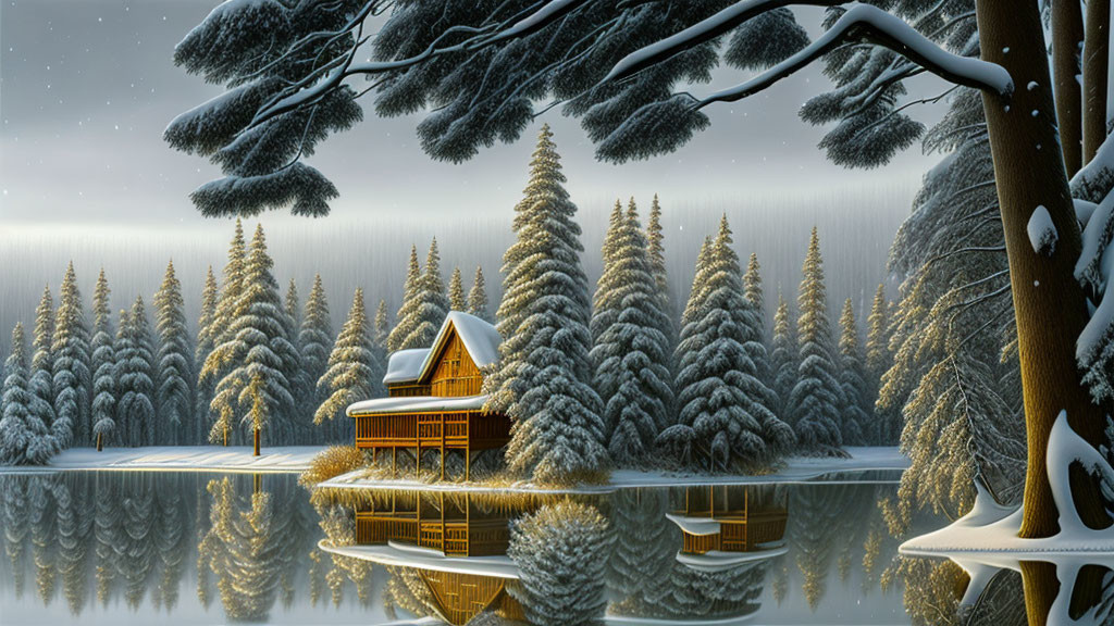 Winter cabin by still lake in snow-covered pine forest