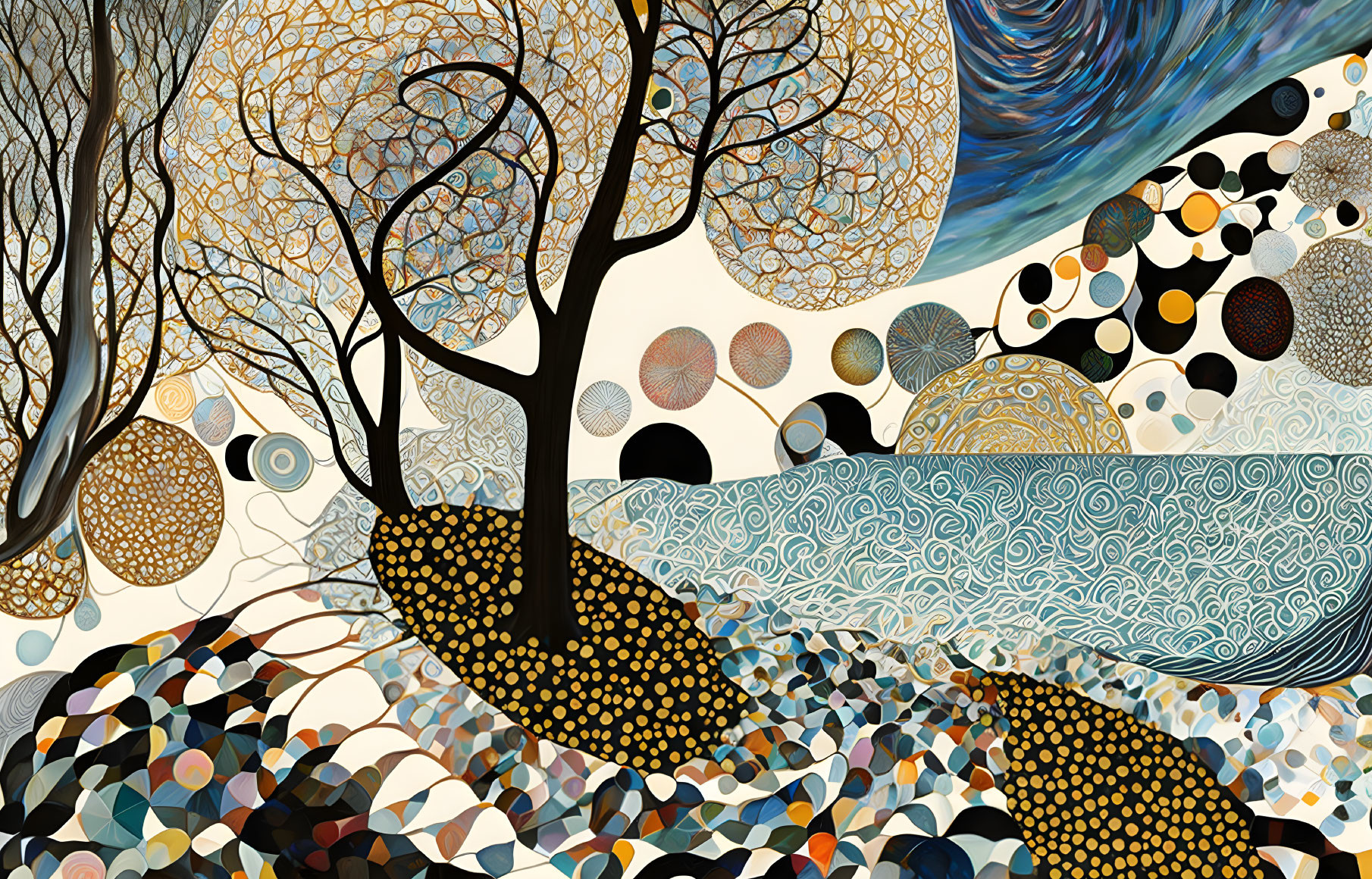 Colorful nature scene with swirling patterns and trees in Klimt-inspired style