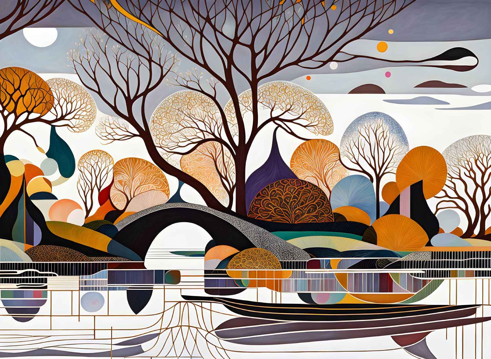 Vibrant landscape with trees, river, bridge, and abstract shapes