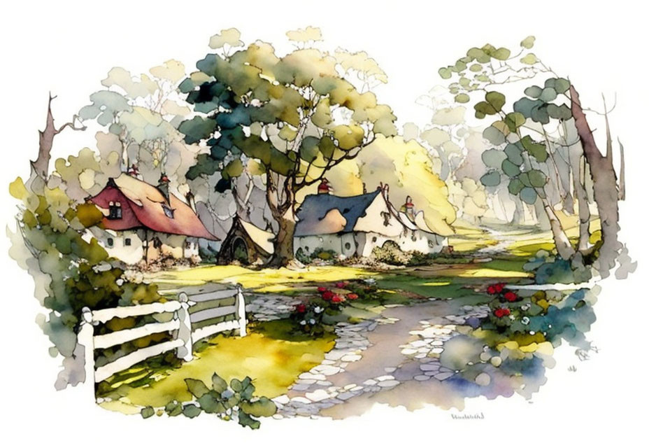 Serene village scene with thatched cottages and lush trees