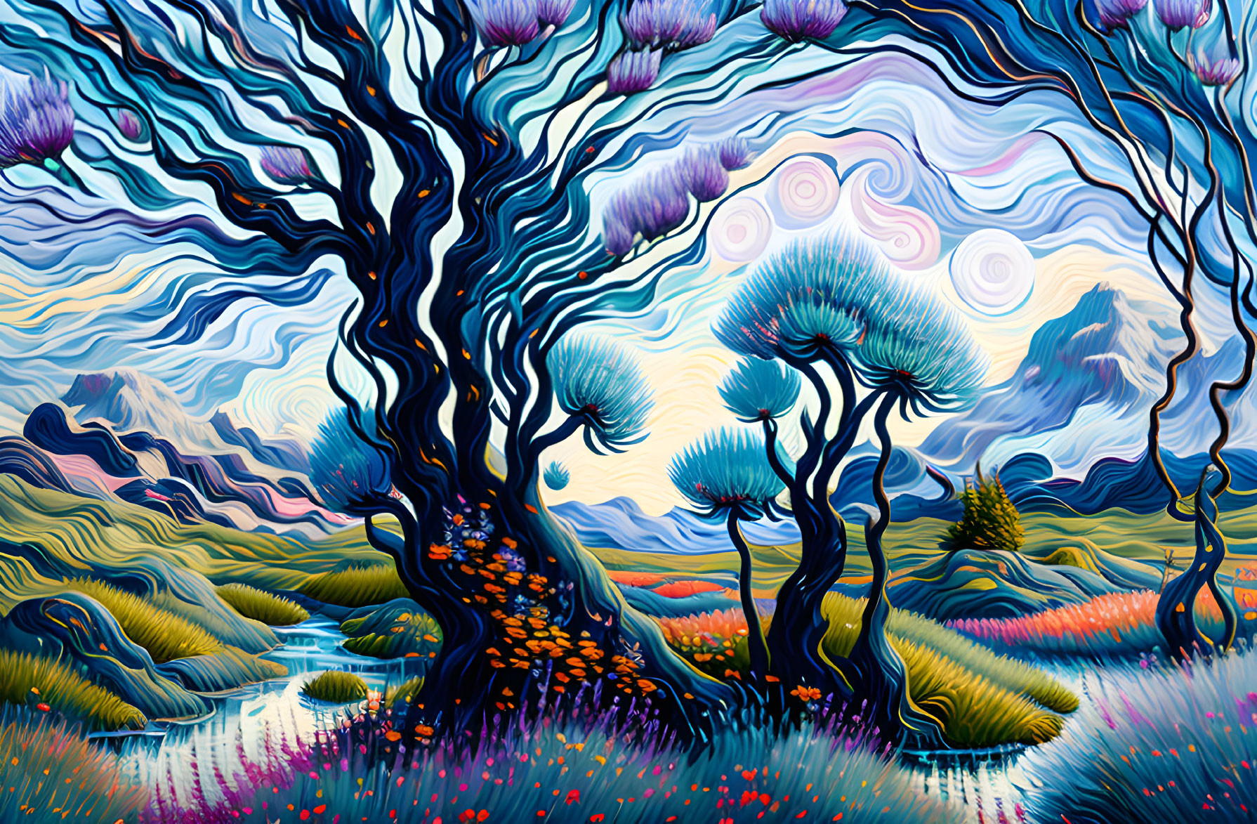 Colorful swirling trees, purple clouds, rolling hills in a stylized painting