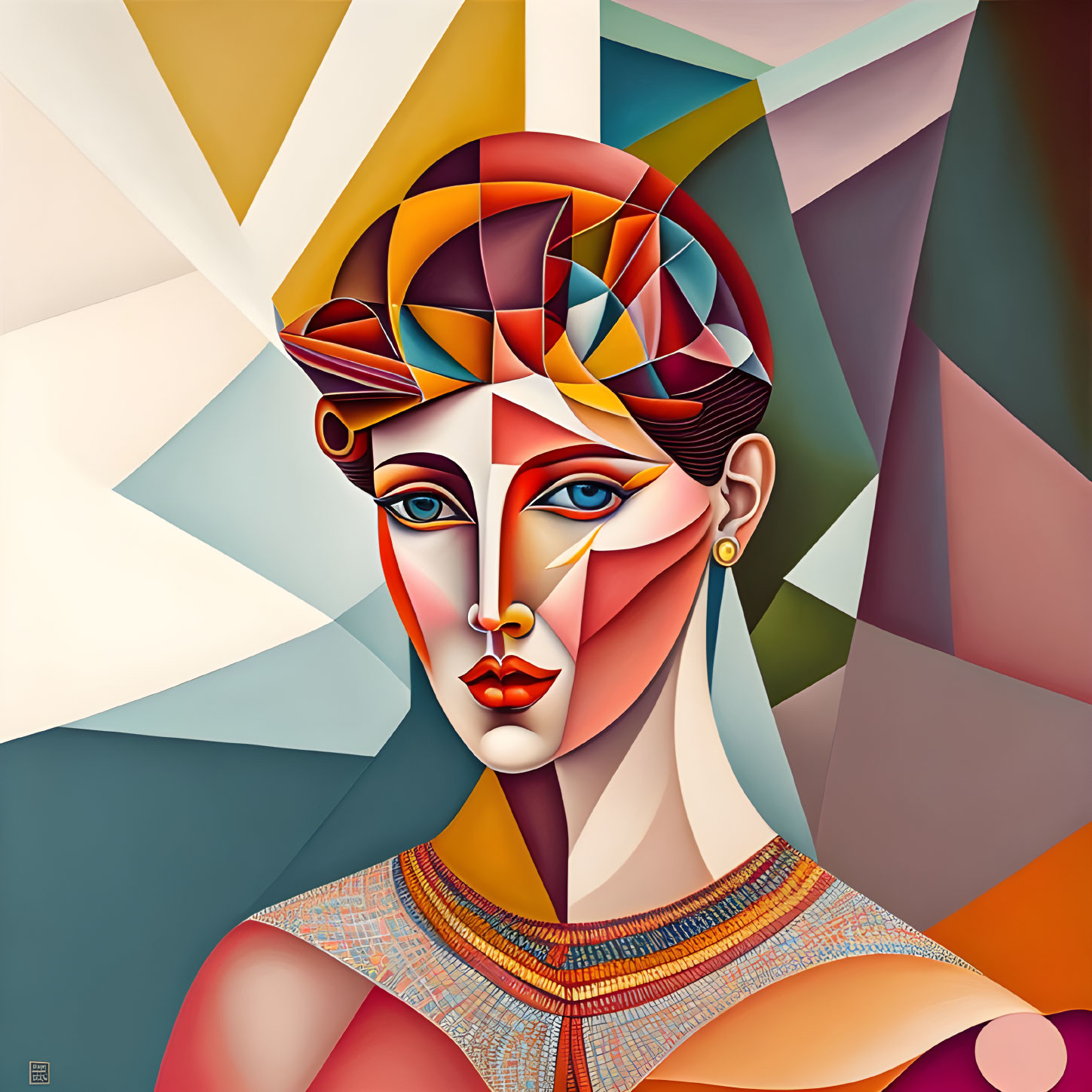 Colorful Geometric Portrait of Stylized Woman with Abstract Patterns