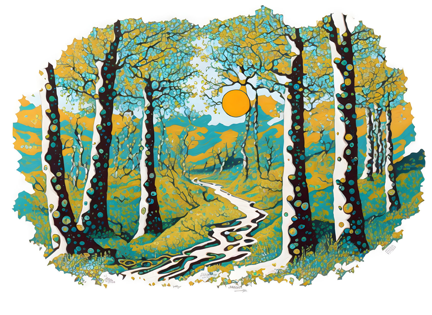 Vibrant forest illustration with tall trees, path, and yellow sun