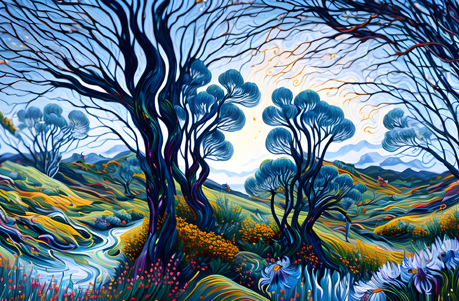 Colorful whimsical landscape painting with swirling patterns and twisted trees.