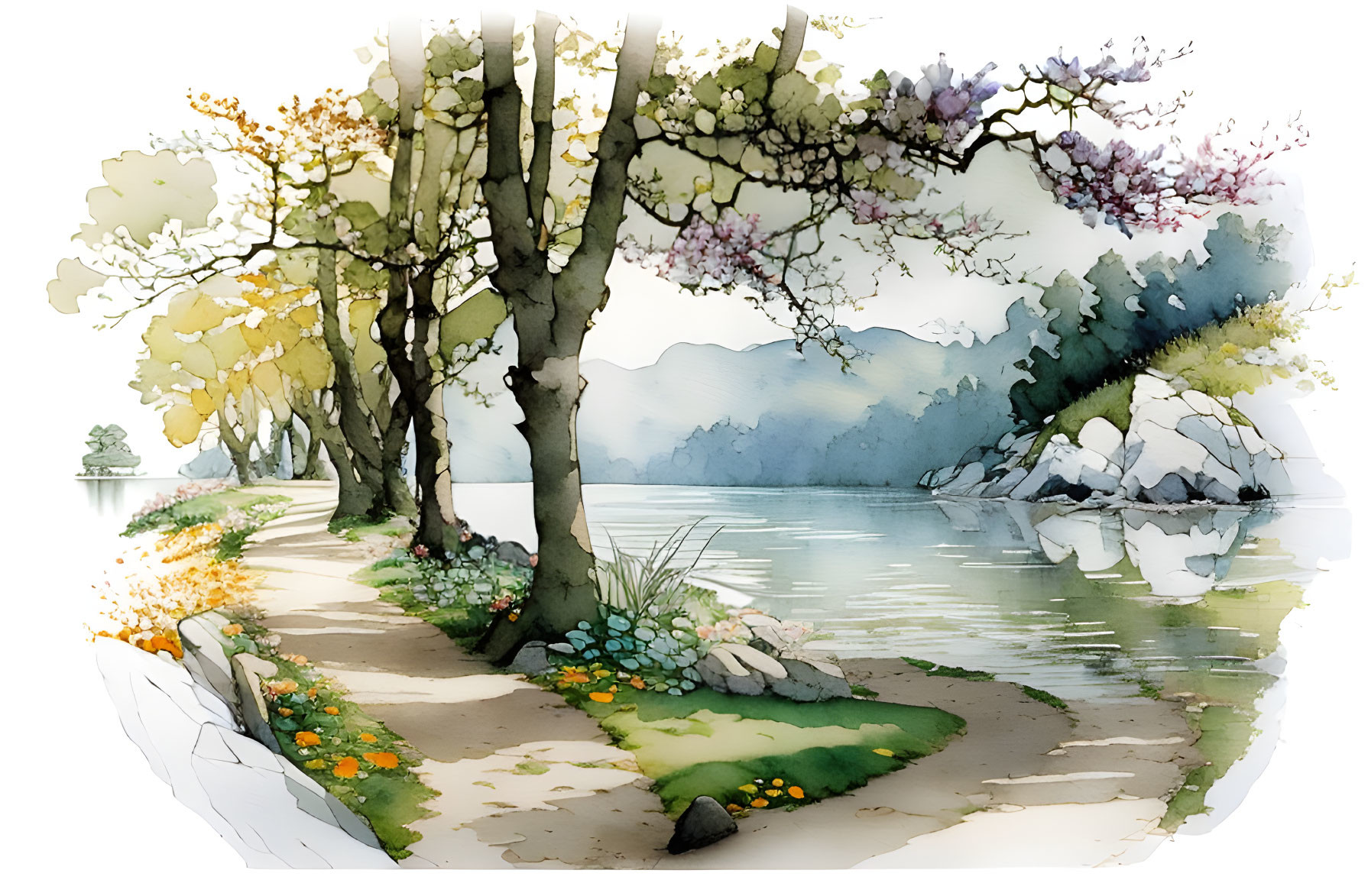 Tranquil lakeside pathway with flowering trees and mountain landscape