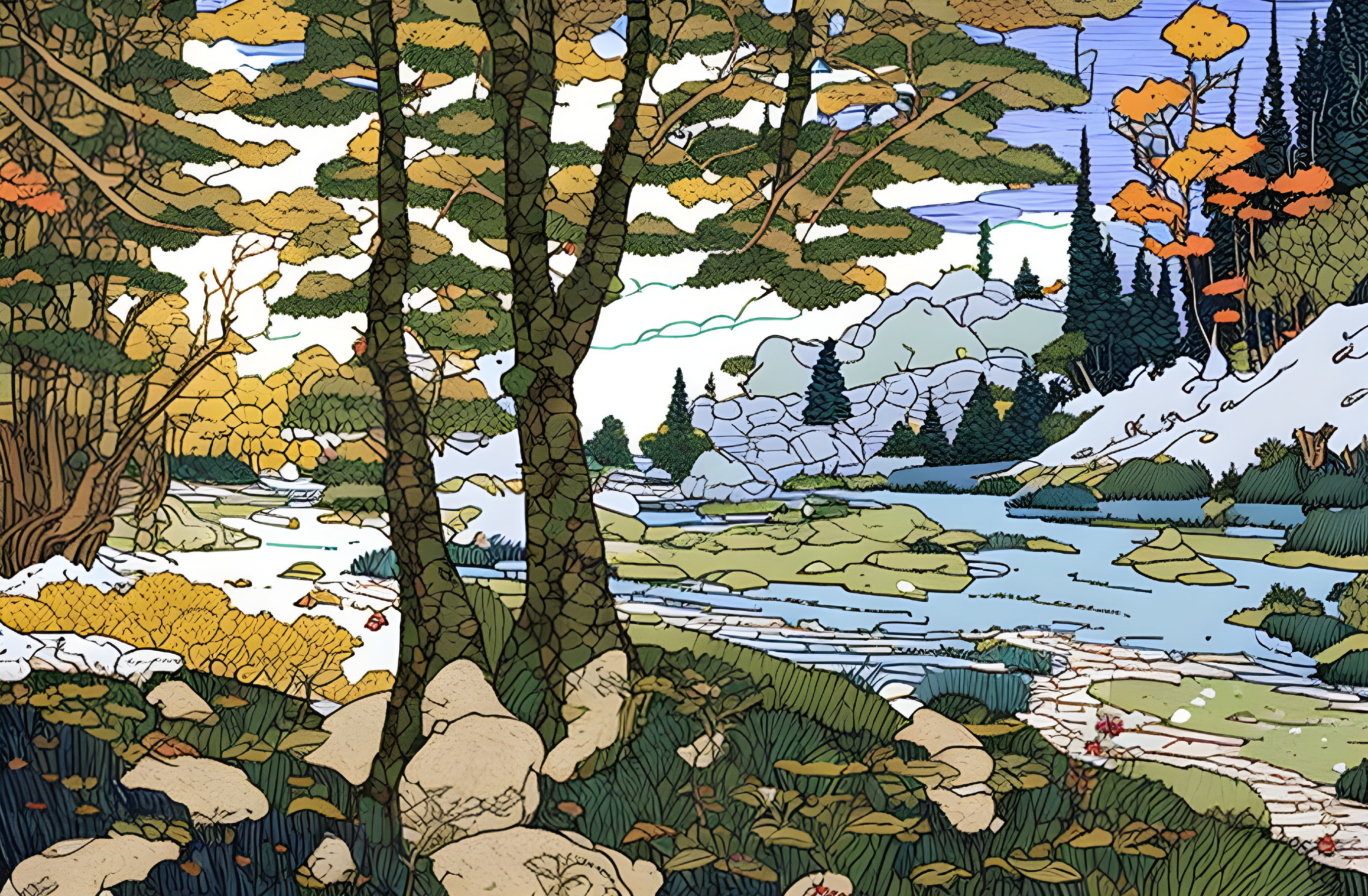 Detailed Forest Scene with River, Trees, and Mountains in Vibrant Colors