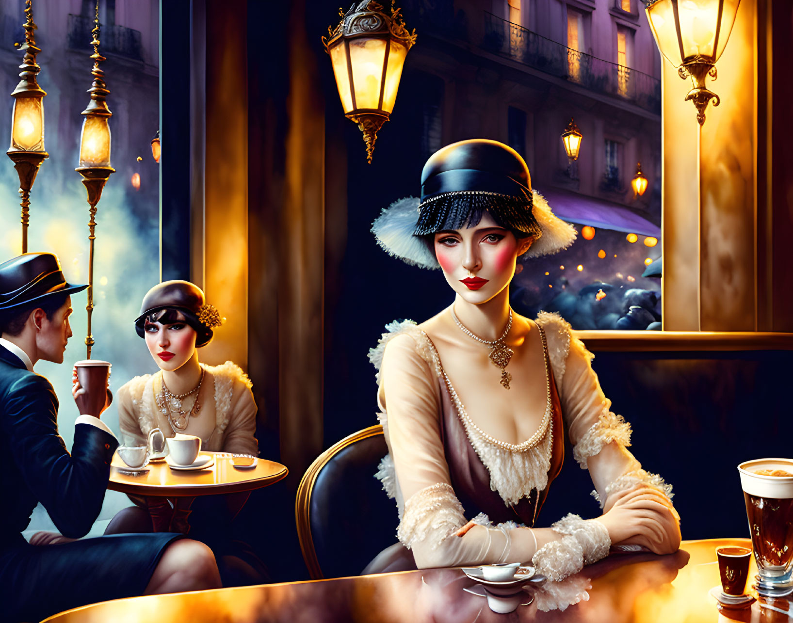 1920s style digital artwork of elegant women and man in café