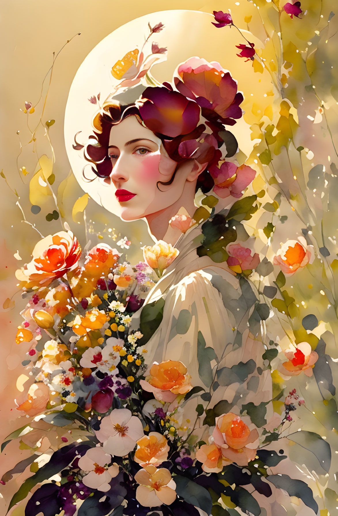 Woman with Halo and Vibrant Flowers in Warm Colors