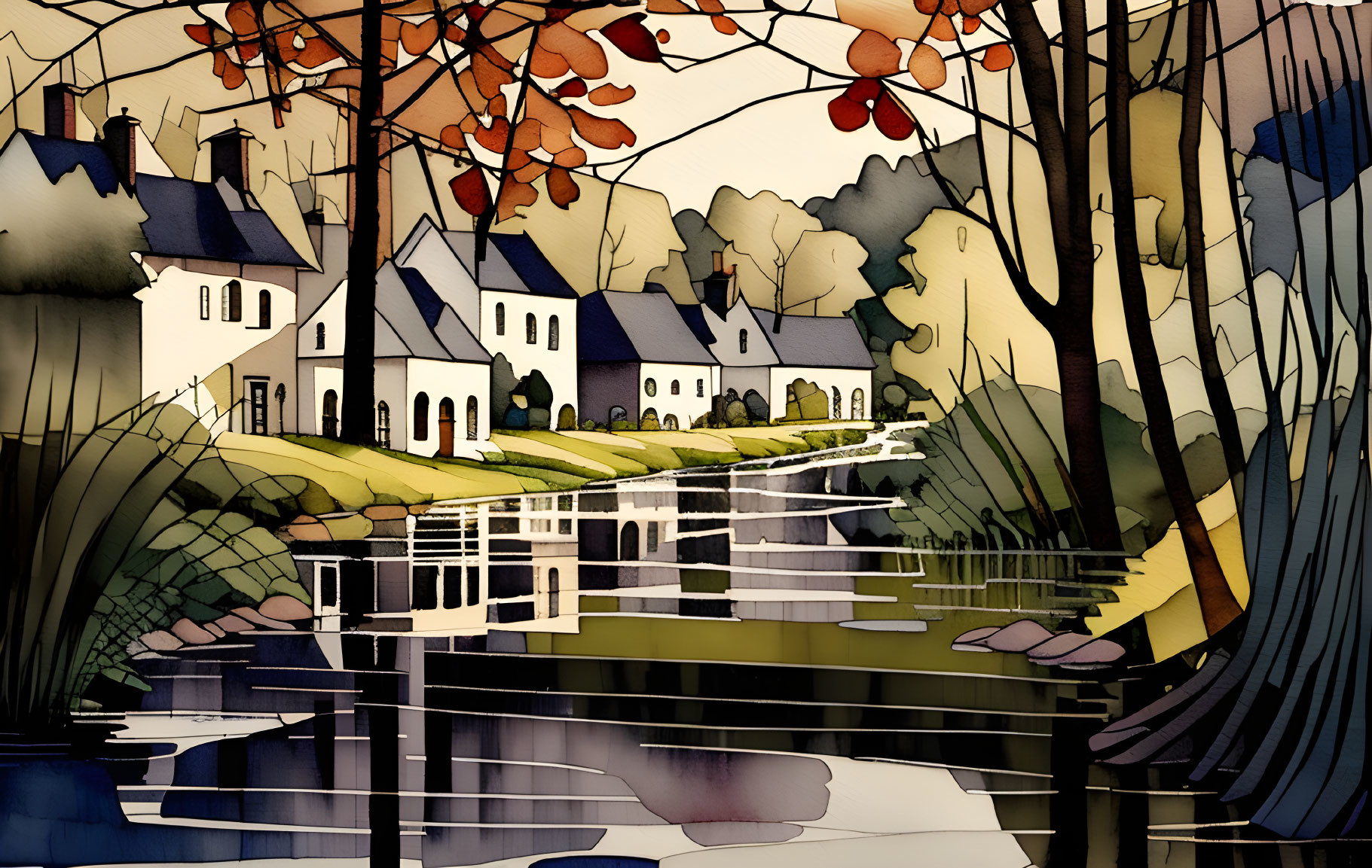 Quaint village scene with white houses and autumnal trees by serene river