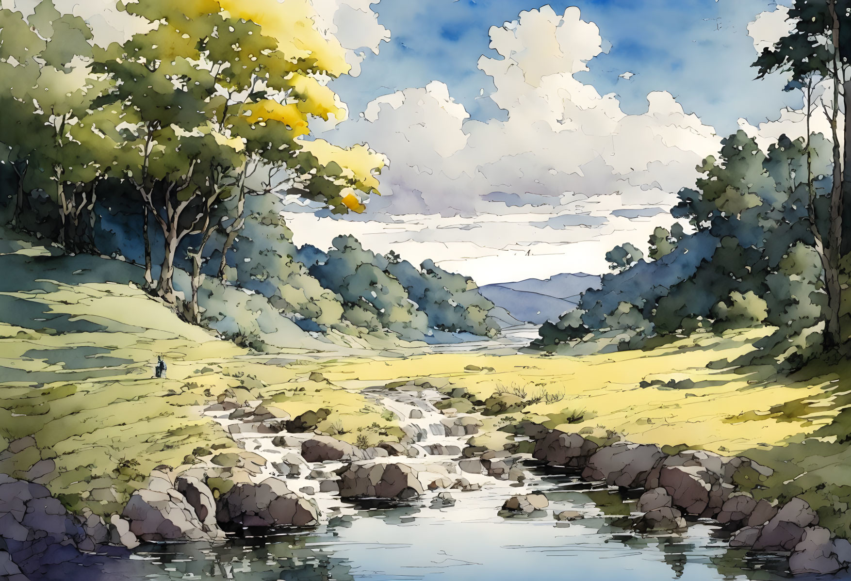 Tranquil stream and lush trees in watercolor landscape