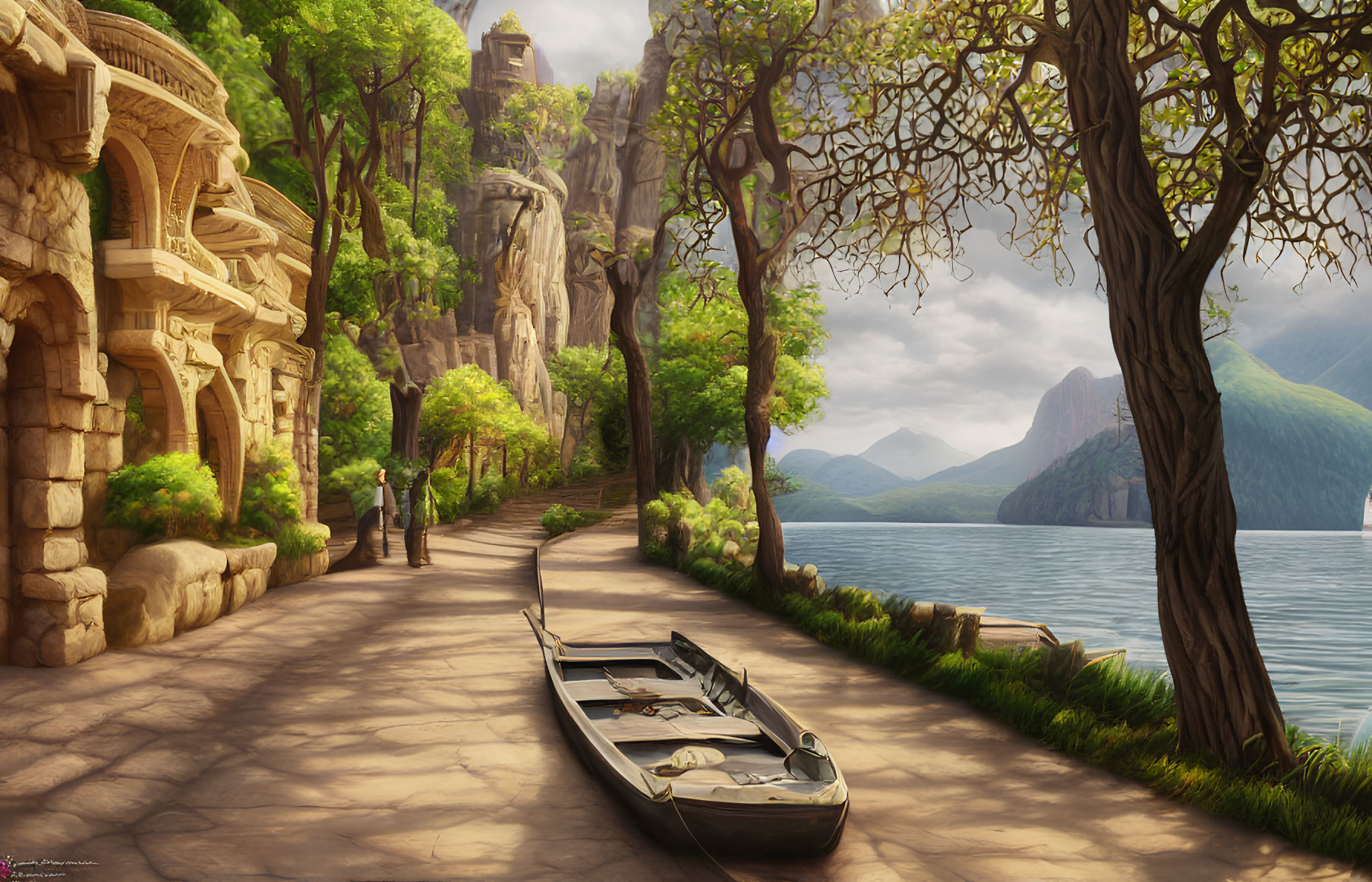 Tranquil lakeside path with boat, ancient trees, and misty mountains
