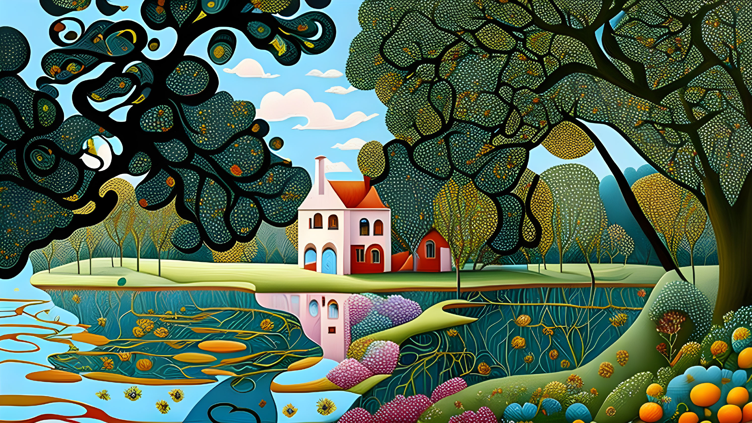 Colorful stylized landscape with house, lake, underwater world, and whimsical trees