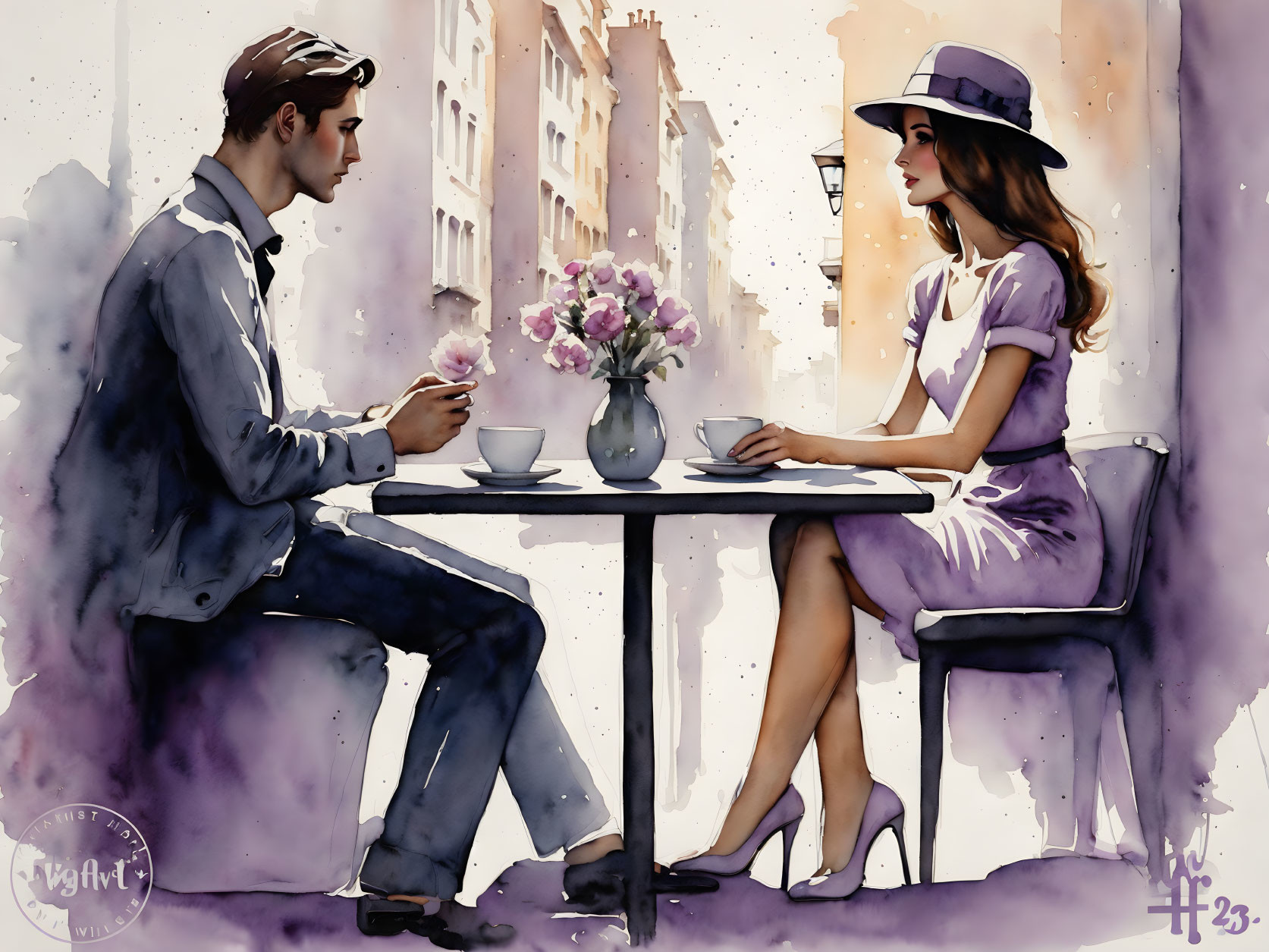 Stylized watercolor painting of man and woman at cafe table in urban scene