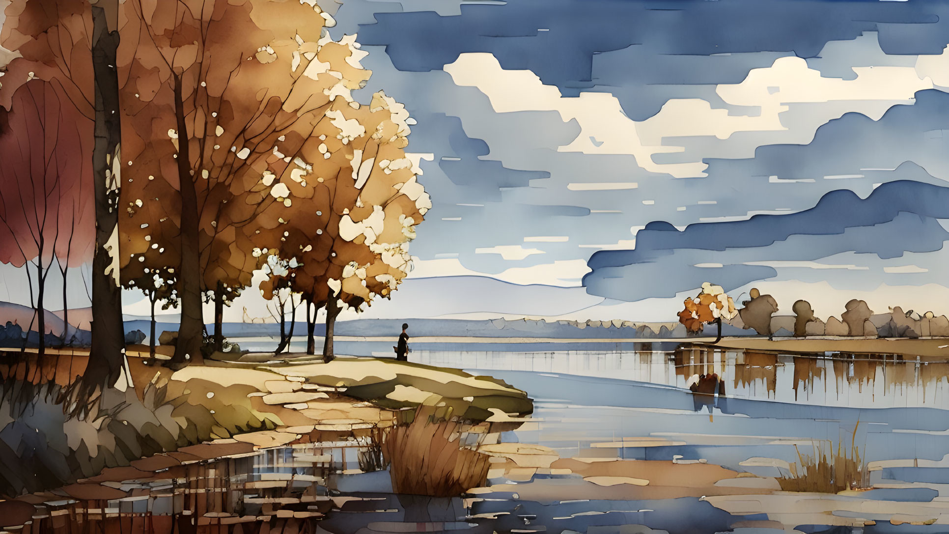 Tranquil autumn landscape with falling leaves, serene lake, person by water, and calm sky