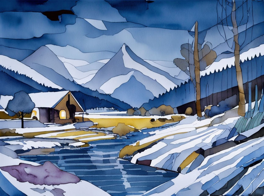 Serene winter landscape with mountains, cabin, bare trees, and snowy foreground