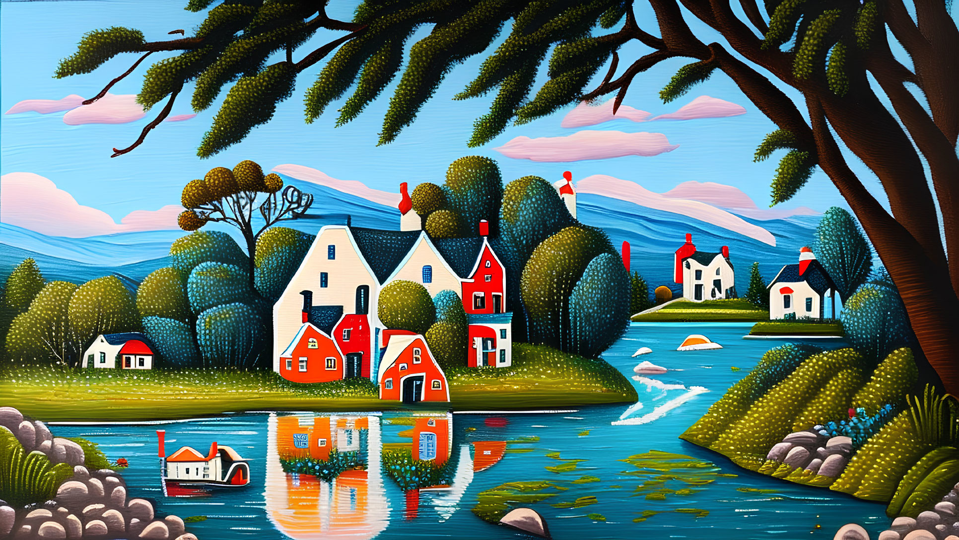 Vibrant lakeside village illustration with whimsical houses and lush greenery