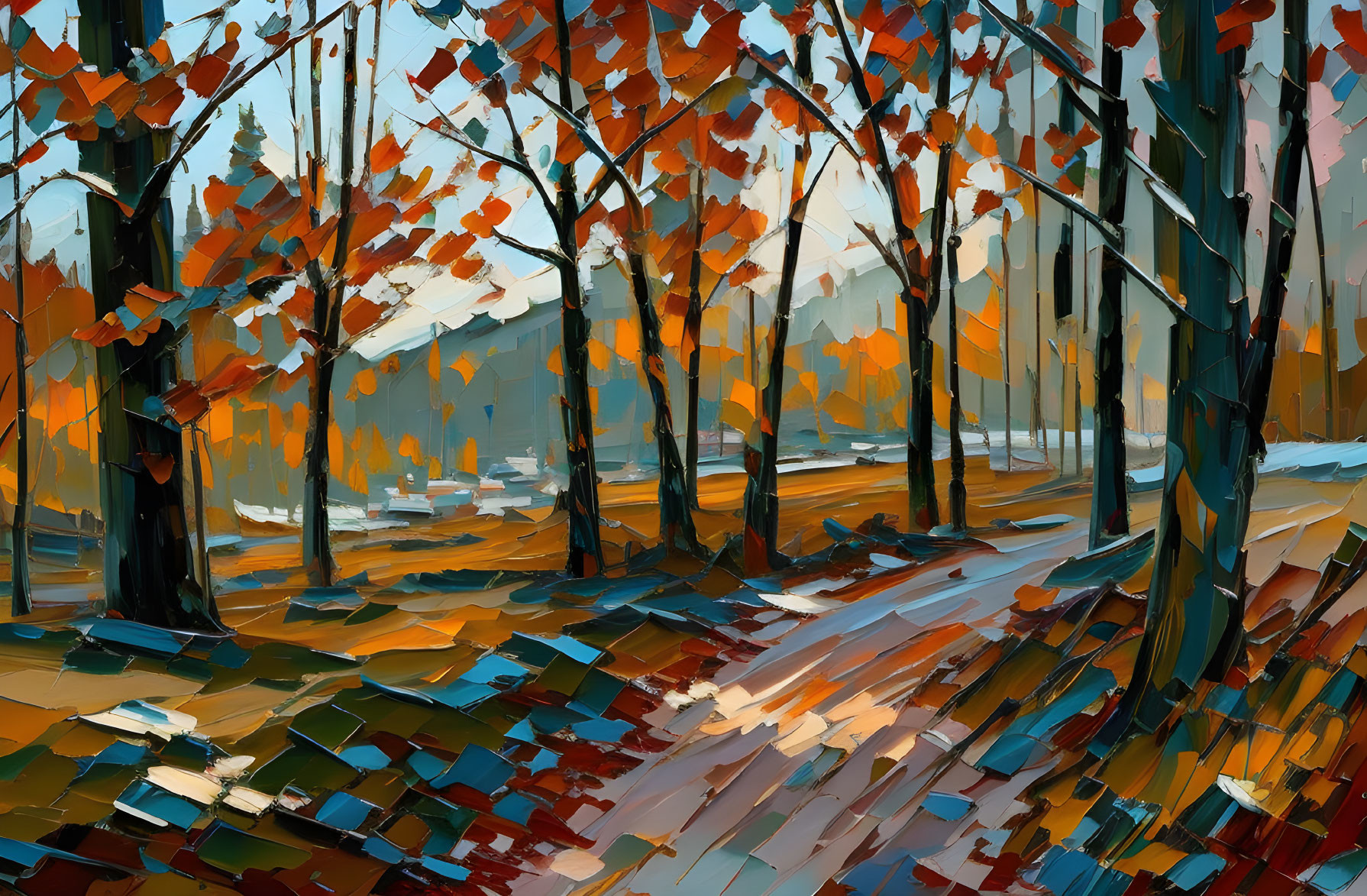 Colorful autumn forest painting with expressive brush strokes and vibrant orange and red foliage.