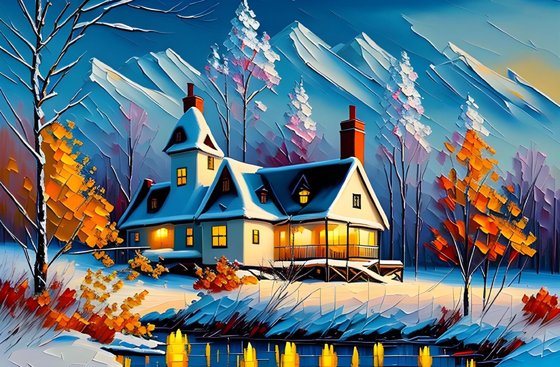 Snowy landscape with cozy cottage and autumn trees in clear blue sky