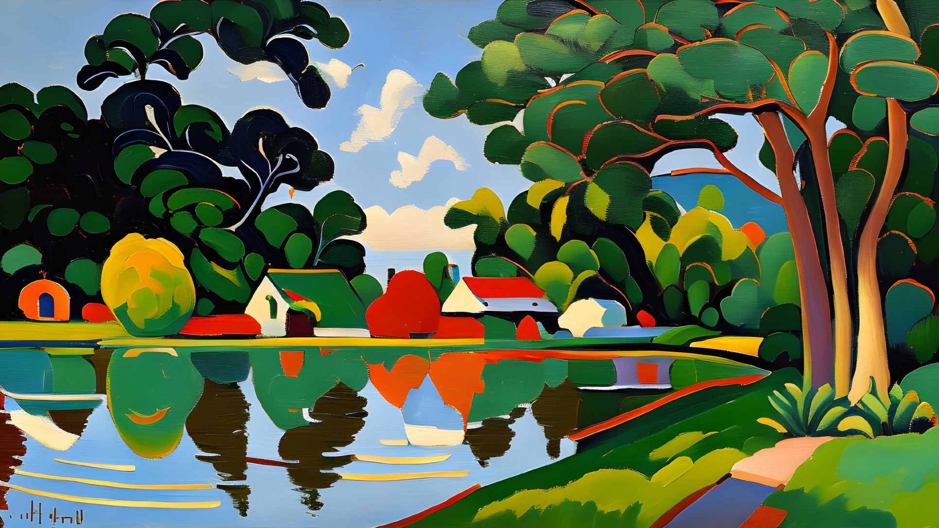 Colorful riverside painting with green trees, houses, and blue sky