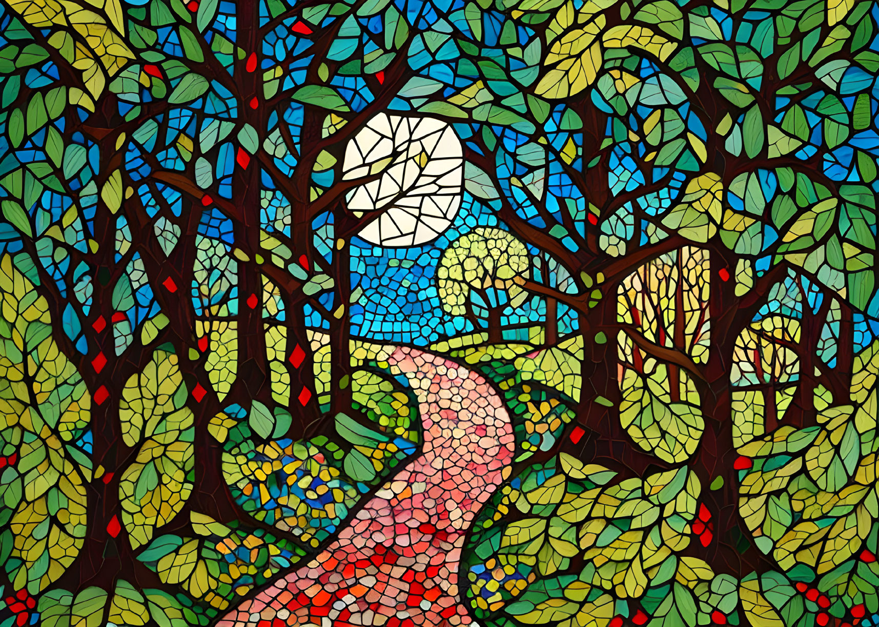 Colorful Forest Path Illustration in Stained Glass Style