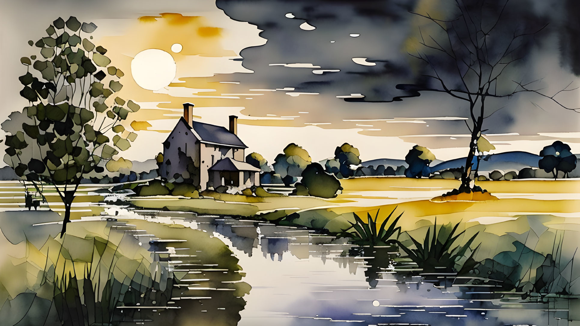 Serene landscape watercolor painting with house by river at sunset