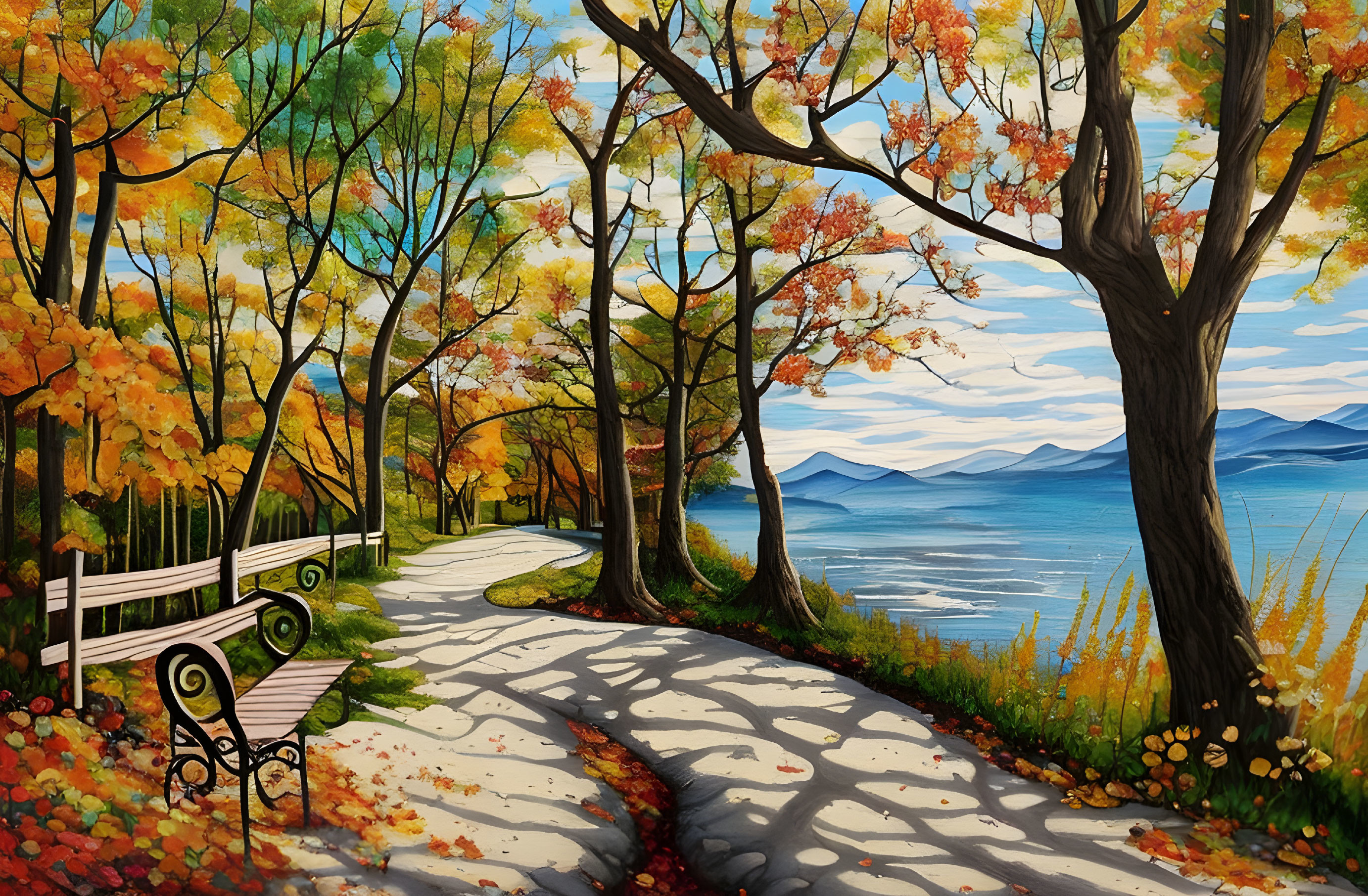 Scenic autumn pathway with colorful trees and lake view