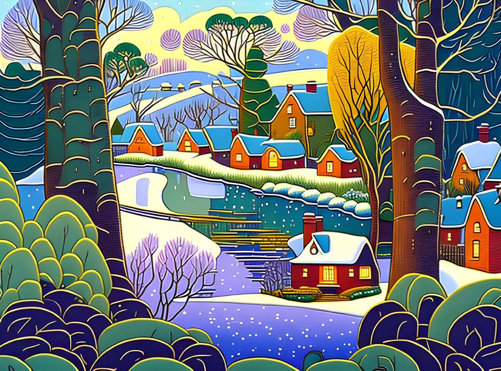 Vibrant snowy village scene with whimsical trees under starry sky