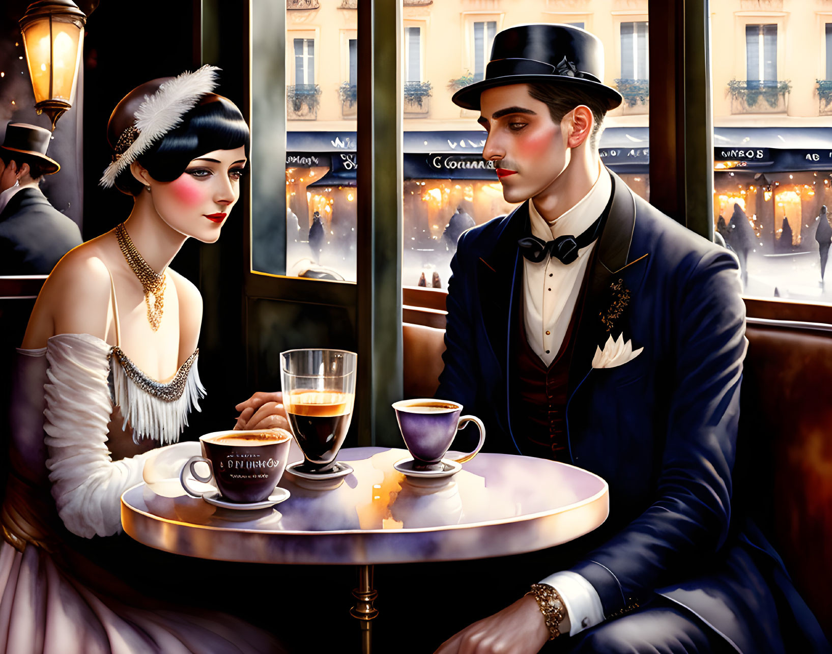 1920s-styled couple at cafe table gazes at bustling street scene