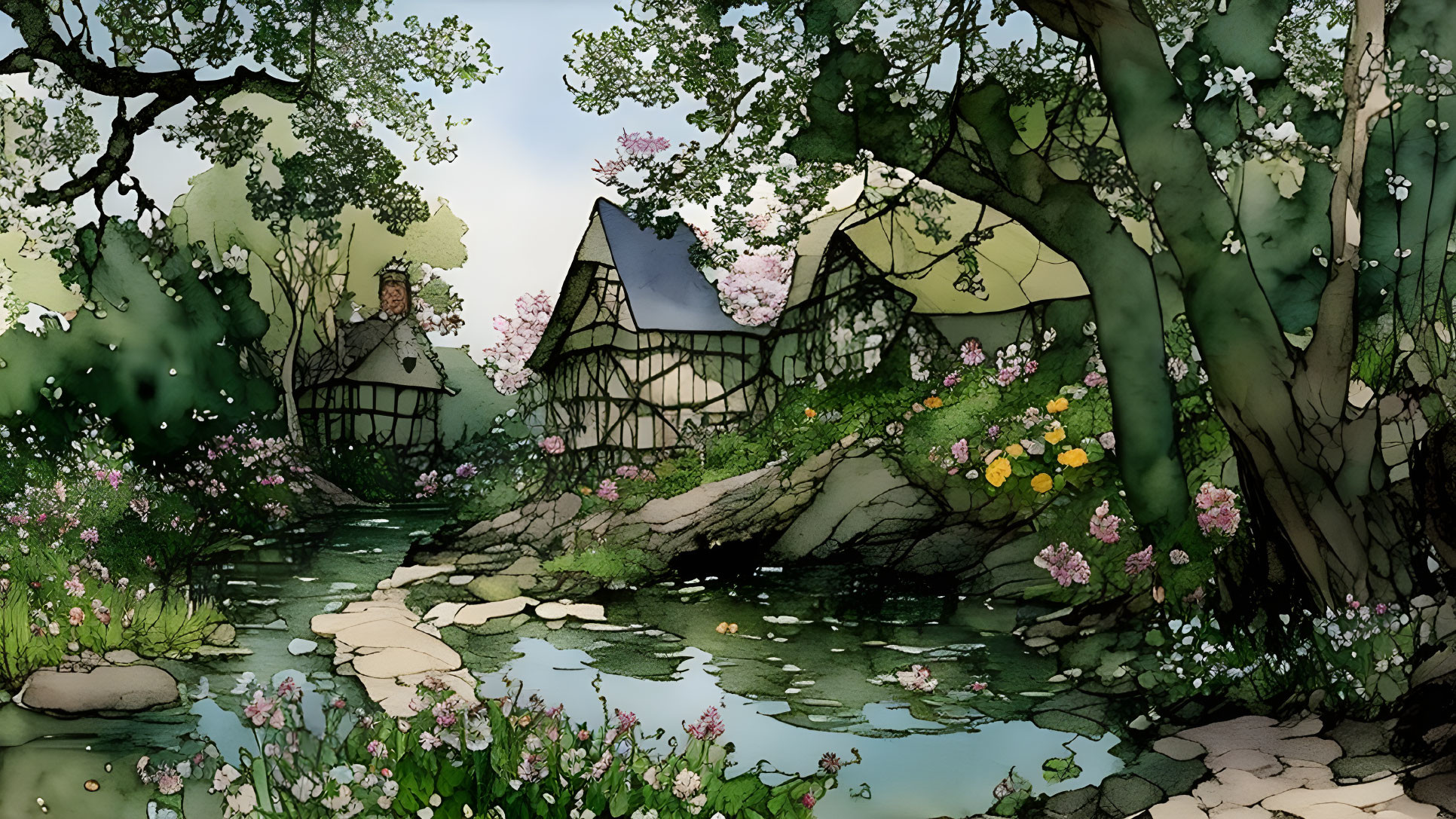 Charming illustration of houses and trees by a river