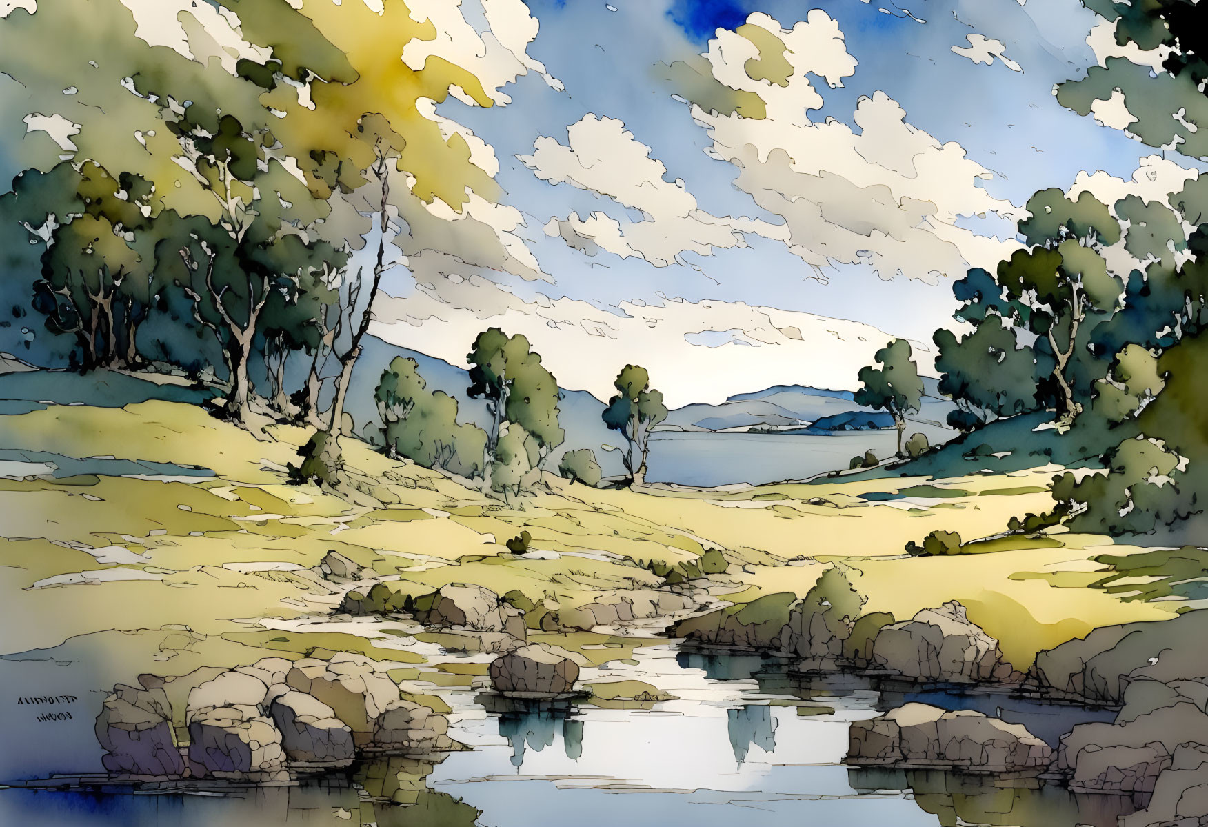 Tranquil watercolor landscape: river, meadow, trees, bright sky