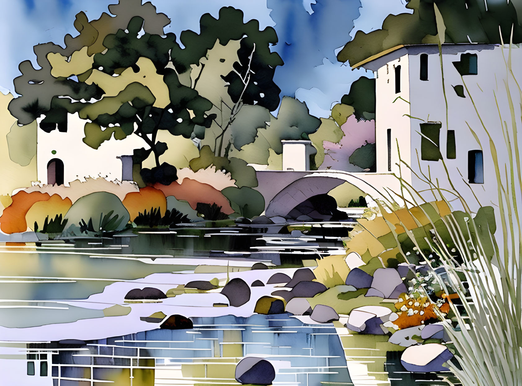 Serene riverscape watercolor painting with bridge and buildings